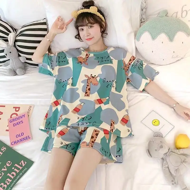 Summer Women Girl Fashion Short Pajamas Suits Student Cute Silk Sleepwear Sets