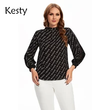 

KESTY Women's Plus Size T-Shirt Shirt Spring Polyester Chiffon Sleeve Printed Letter Shirt Zip Collar Loose Casual Shirt