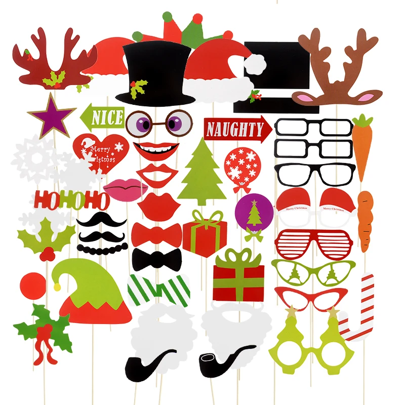 

9/17/28/32/50pcs Christmas Photo Booth Props Santa Claus Tree Glasses Mask Photobooth Christmas Decorations for Home Xmas Gifts