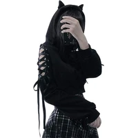 Y2k Gothic Womens Hoodie Cat Ear Crop Top Hooded Sweatshirt Hollow Out Lace Up Long Sleeve Hodded Casual Pullover Autumn - Image 6