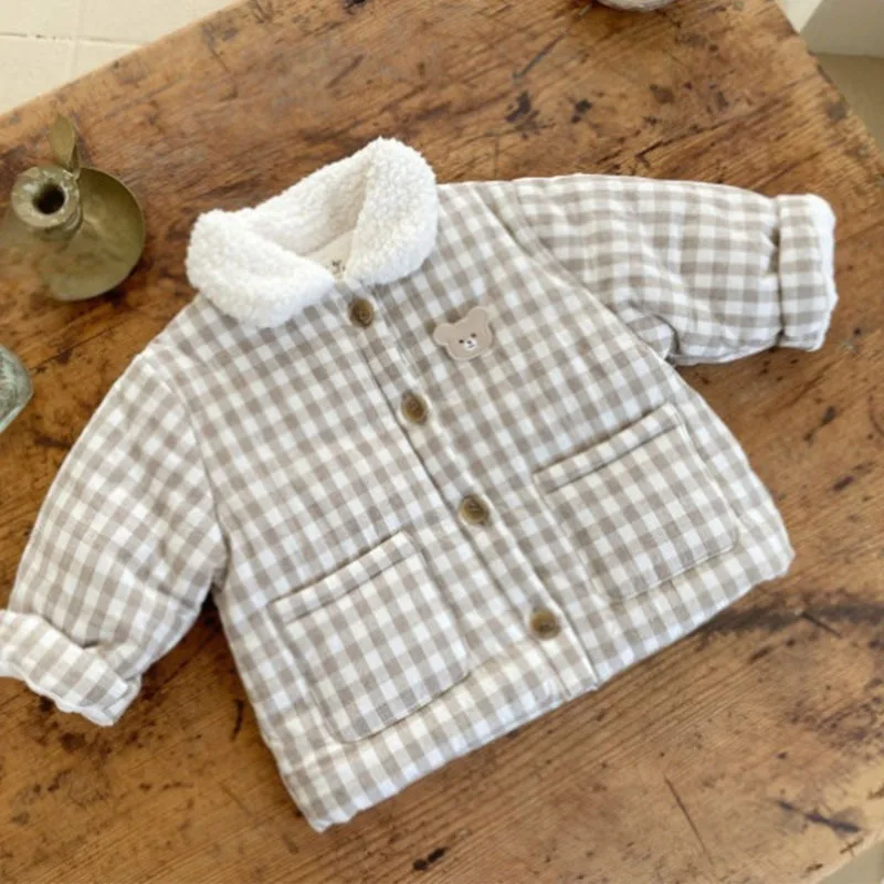 

2022 Winter Fleece Thickening Solid Cotton Coat Baby Girls Fashion Plaid Padded Jacket Boys All-match Cardigan