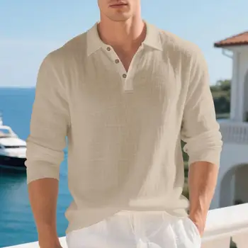 Polo a maniche lunghe da uomo casual, tinta unita, con risvolto, stile americano, vestibilità ampia, top casual, abbigliamento maschile transfrontaliero