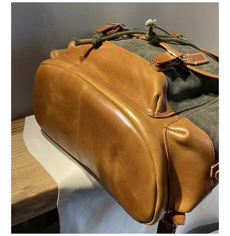 PNDME Vintage Erste Schicht Rindsleder Leinwand Große Kapazität Herren Rucksäcke Outdoor Casual Reise Designer Damen Große Schultasche – Detail 18