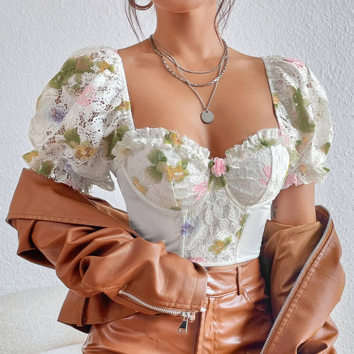 

White Elegant Cropped Corset Top Bubble Sleeve Lingerie Bustier Tank Tops Women Sexy Floral Bodice Casual Slim Camisole T-shirt