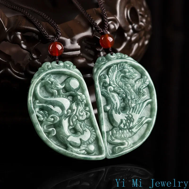 Natural A-grade Jade Pendant Dragon Phoenix Paired Couple Pendant