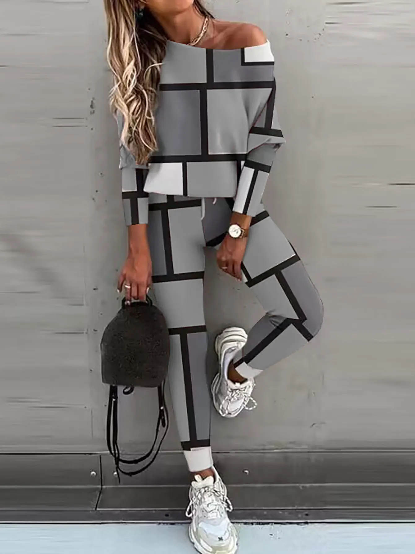 Women Stylish Geometric Prints Long Sleeve Top & Pants Set Two Pieces Suits Casual Pants Outwear