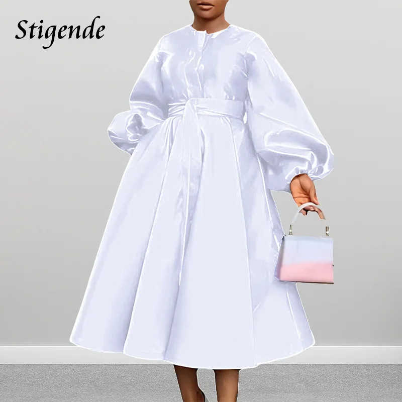 

Stigende Elegant Solid Color Loose 3XL Dress Women Button Up Fit and Flare Dress Lantern Sleeve Bandage a Line Dress