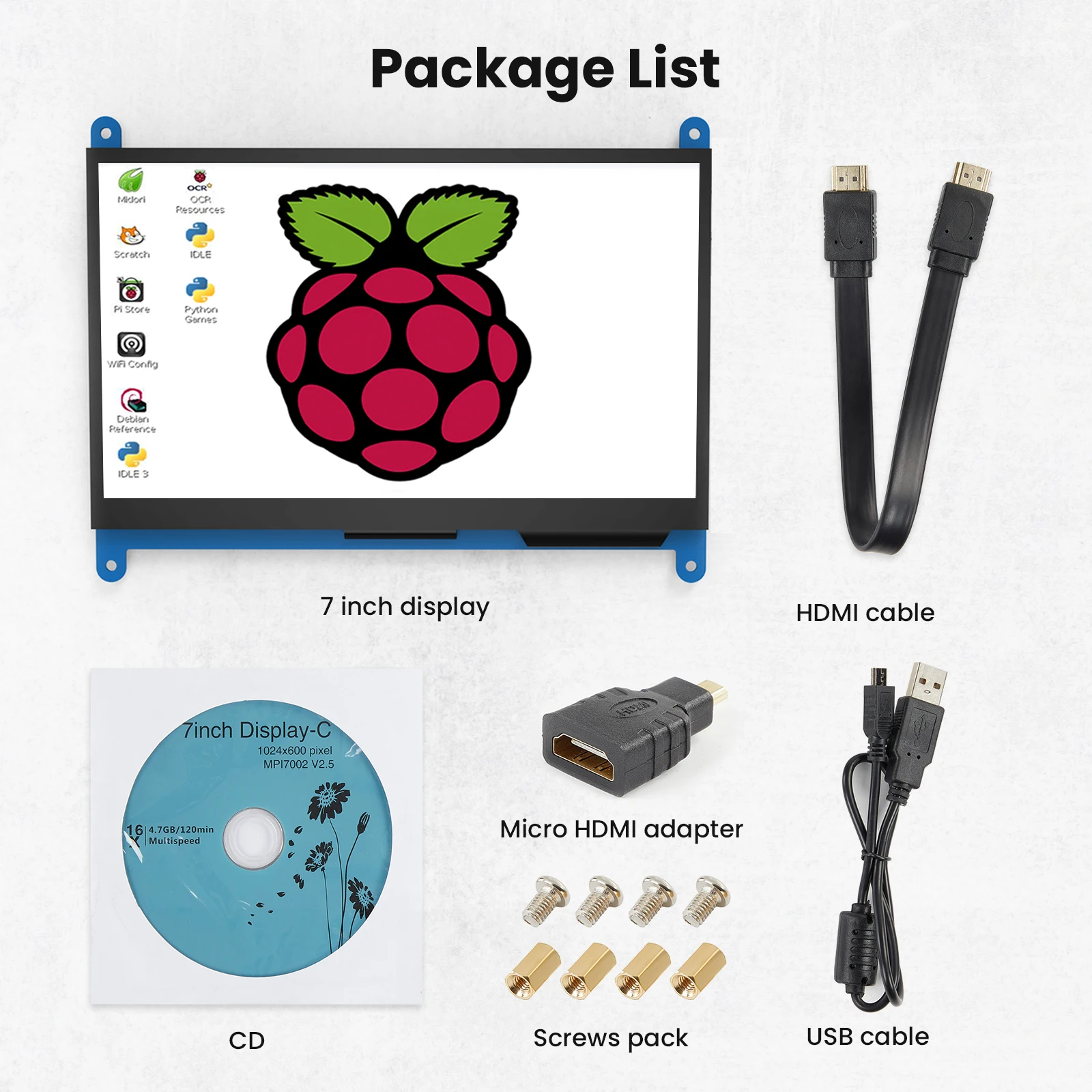 Miktver 7 Inch Capacitive Touchscreen Monitor 5-points 1024x600 HD IPS Display Support Raspberry Pi 4/3/2/1/B/B+/A+, Win 10/8/7