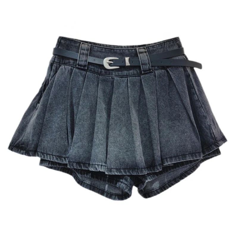 Korean Style Summer Retro Black Denim Skirted Shorts for Women Youthful-Looking Design Pleated High Waist Slimming Culottes 2024