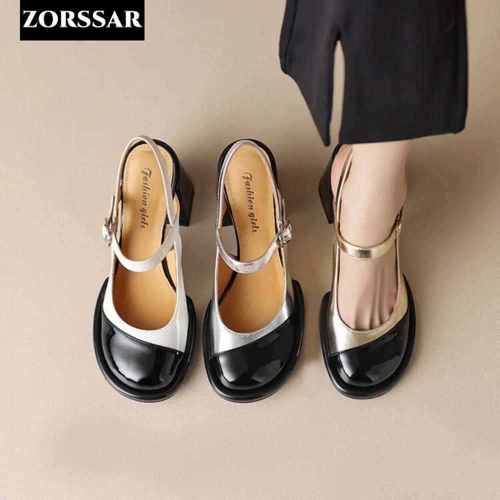 Gold Silver High Heels for Women Fashion Round Toe Genuine Leather Slingbacks Pumps Elegant Lady Heeled Shoes Summer Sandal