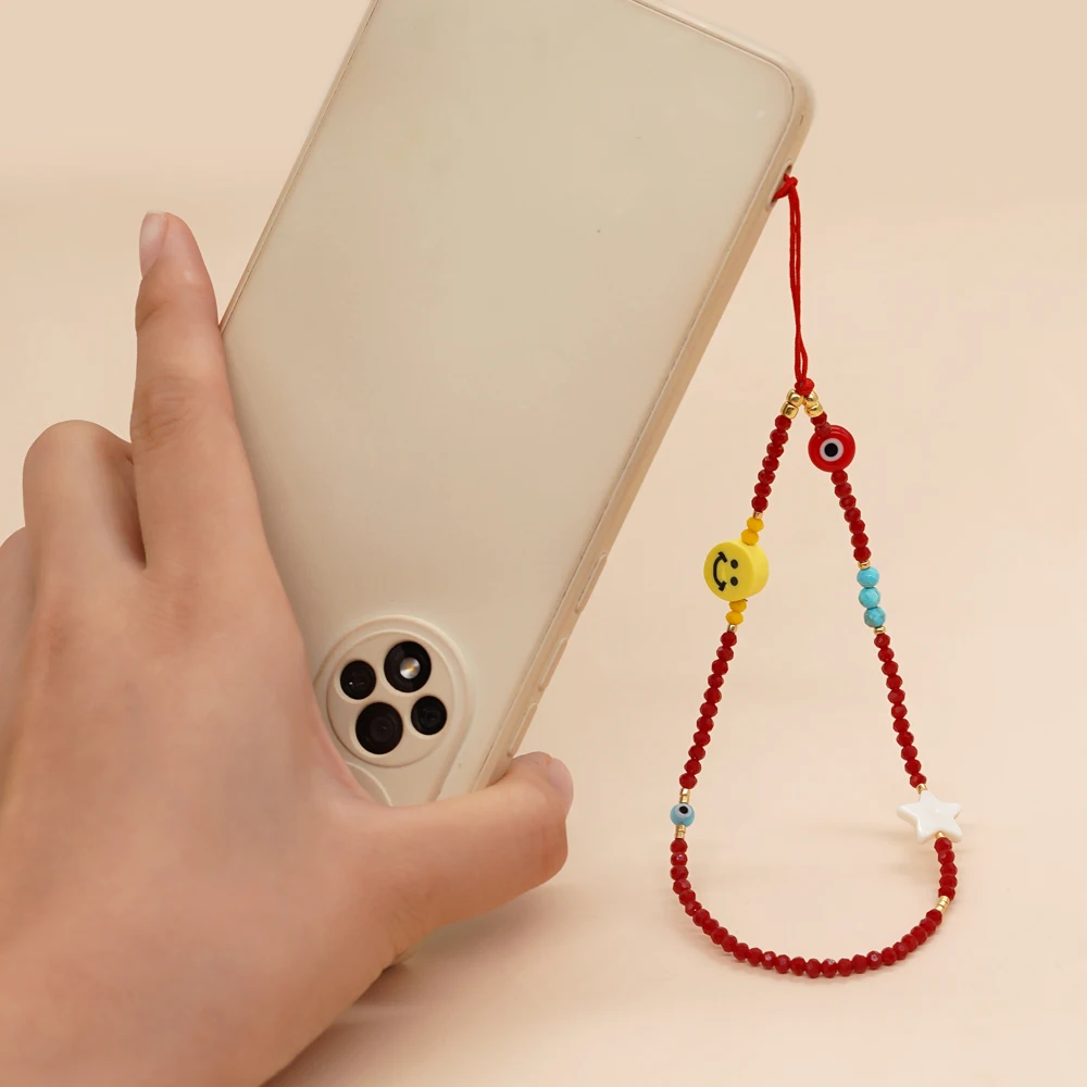 Go2Boho Silme Face Clay Beaded Phone Charm Handmade Beads Jewelry Anti-Lost Phone Chain for Telephone Cell Phone Str