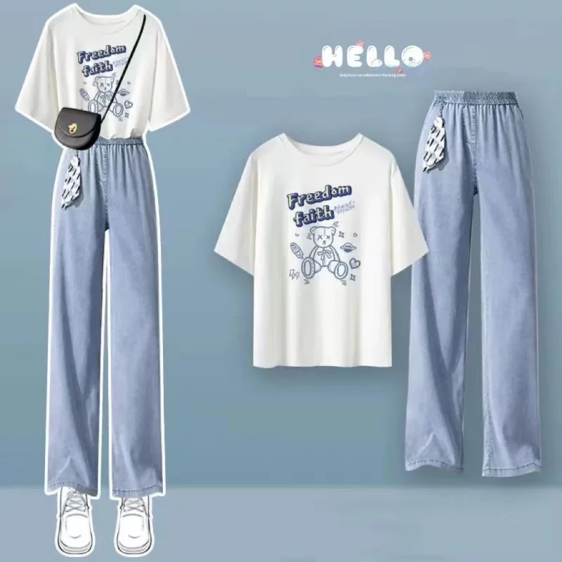2024 Summer New Suit Women's Korean Version Loose Short Sleeve T-Shirt Wide-leg Jeans Fashion Two-Piece Set