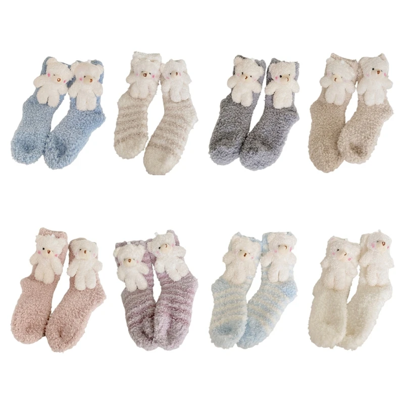 

Women Winter Coral Striped Fuzzy Slipper Socks Harajuku 3D Cartoon Stuffed Bear for Doll Thermal Home Sleeping
