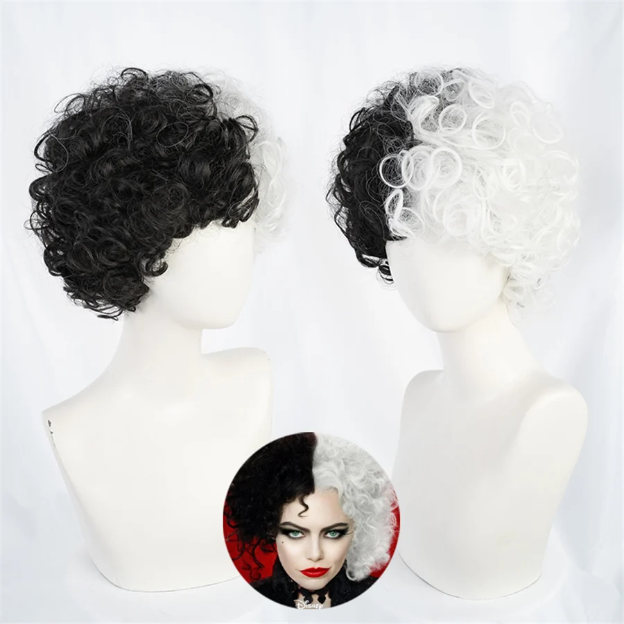 CRUELLA Deville De Vil nero bianco con frangia parrucca per capelli corta resistente al calore Cosplay parrucca per feste in Costume di Halloween + cappuccio per parrucca