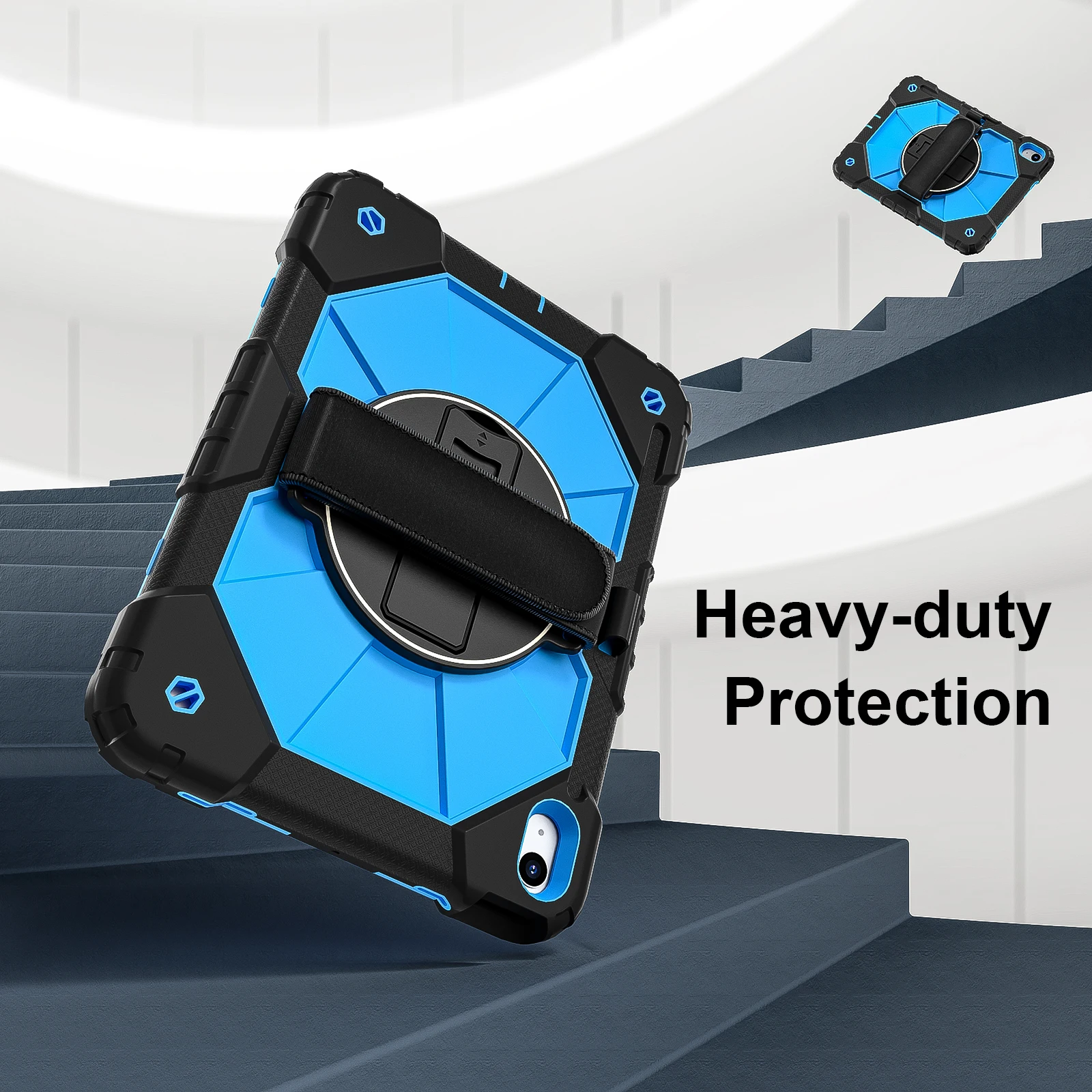 Kids Tablet Case with Hand Strap - 360° Rotatable Handle Stand, Shockproof Rugged Silicone Cover