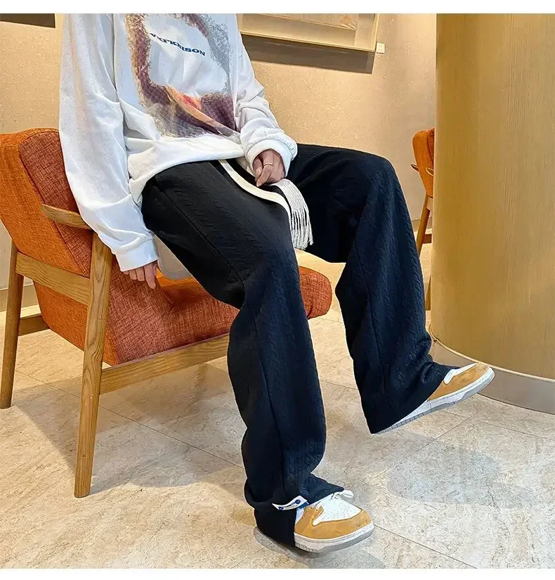 Description Picture 2 of itemMen High Street Sweatpants Fashion Loose Casual Side Slit Straight-Leg Pants Vintage Blue Jacquard Casual Bottoms Male Clothes