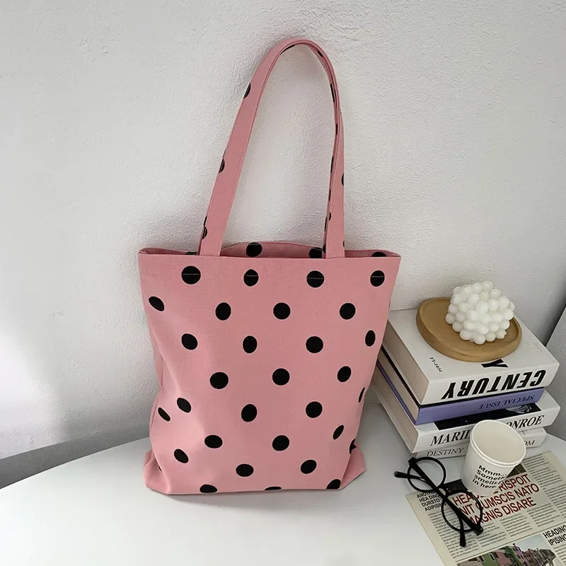 Pink Canvas Bag Women's Shoulder Polka Dot Simple Versatile Large Capacity Student Shopping Bag