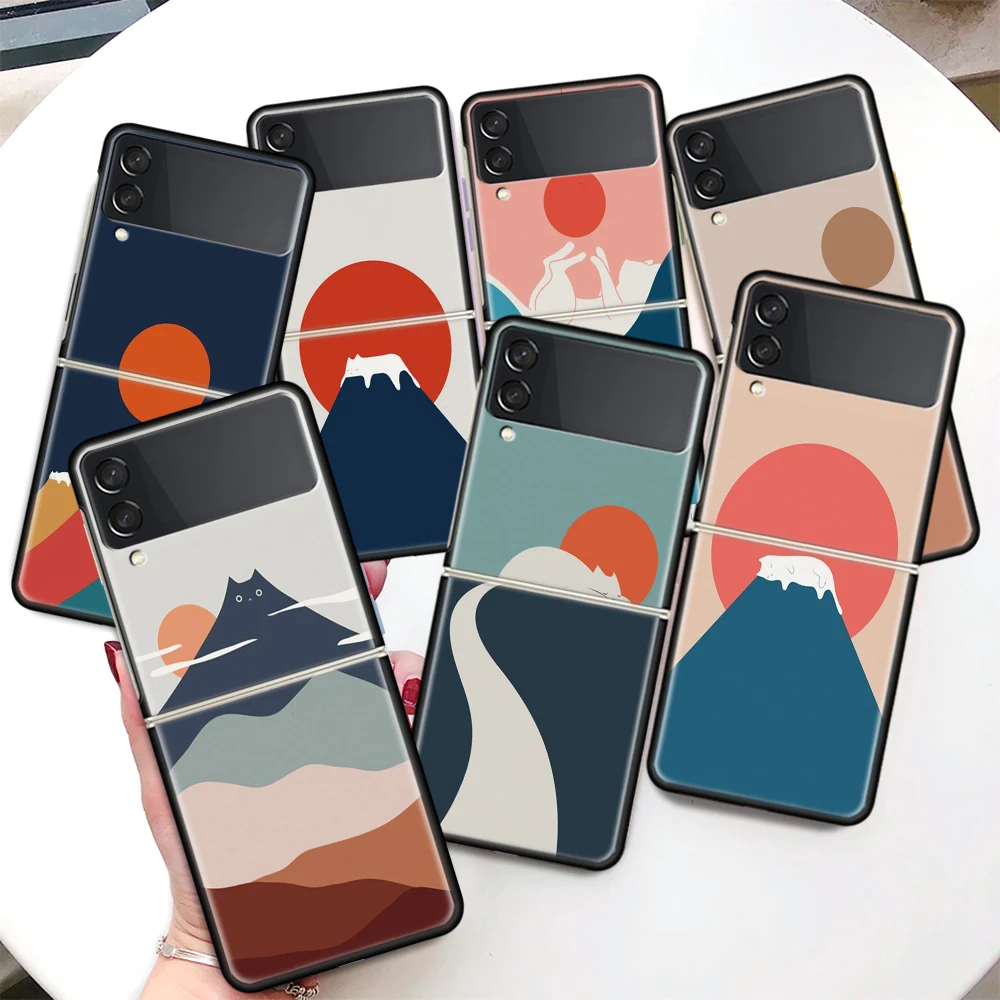 Abstract Art Cat Mount Fuji Japan Landscape Coque Phone Case Per Samsung Galaxy Z Flip 4 3 5G Black Hard Cover Zflip 3 4 Luxury