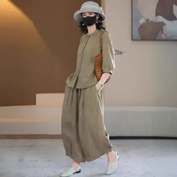 Everyday Wear Women Women Outfit Women’s Cotton Linen Two-piece Set Button-down Short Sleeve Top Wide Leg Pants Lounge Outfit