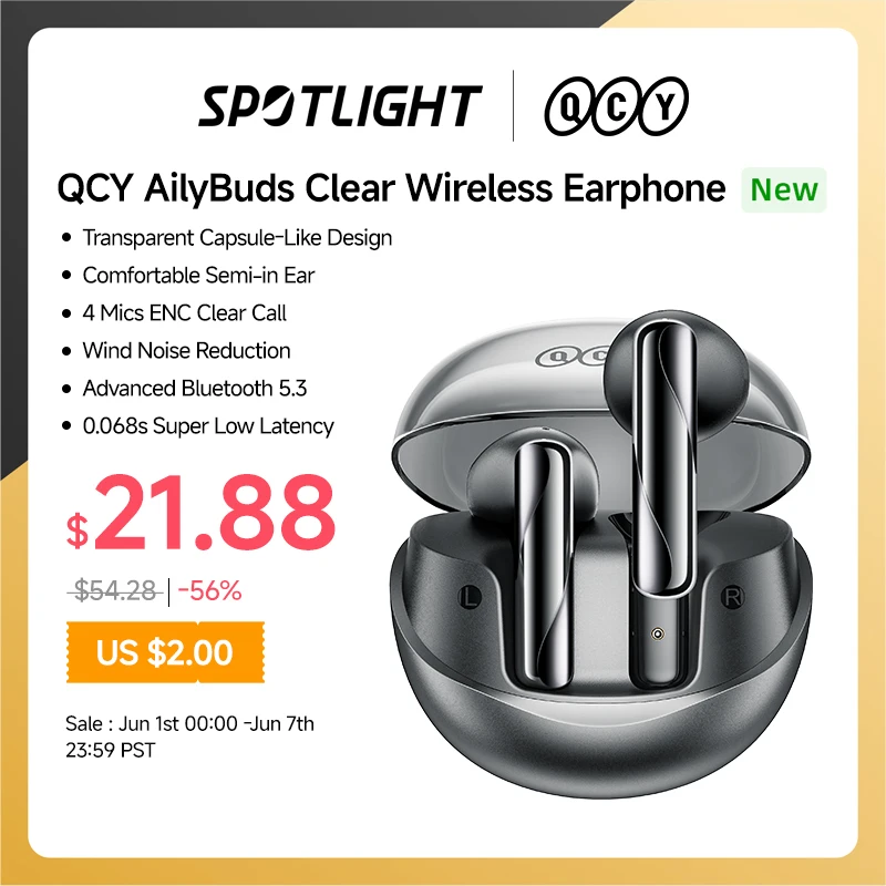 

QCY AilyBuds Clear Wireless Earphones Bluetooth 5.3 TWS Earbuds Semi in-Ear Gaming Headset 4 Mics ENC Touch Control Headphones