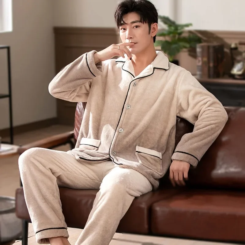 2024 New Winter Sleepwear Men's Coral Plush Thickened Warm Loungewear Set Fleece Flannel Pajama Long Sleeves Plus Size Homewear