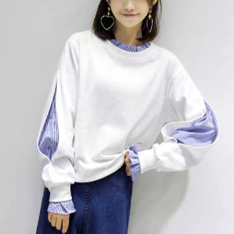 New Autumn Thin Color Block Sweater Fake Two Pieces New Harajuku Style Women's Korean Loose Top Fashion High Quality All-match