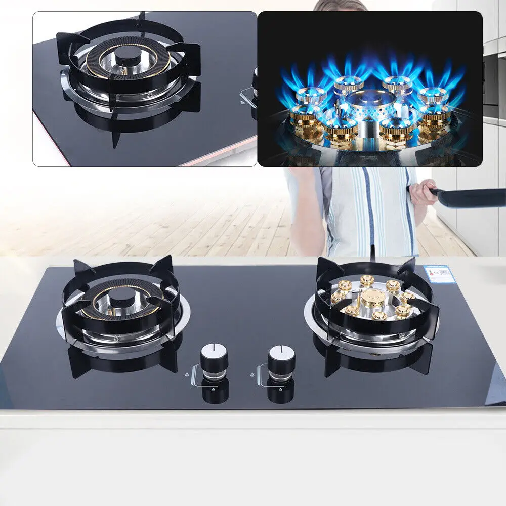 цена Gas Cooktop Stoves, 2 Burner Built-in Natural Gas Stove, Tempered Glass Cooktop Stove for Kitchen Cooking (Black)