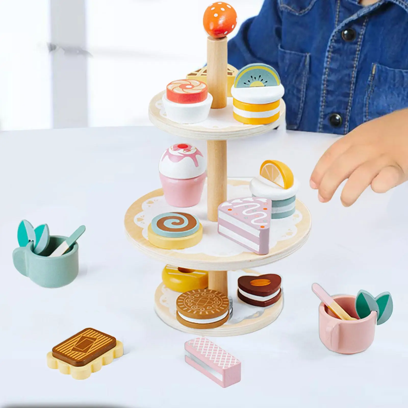 

Kids Afternoon Tea Toy Set Dollhouse Decoration for 3 4 5 6 Years Old Pretend Play Montessori Toys Wooden Dessert Play Set