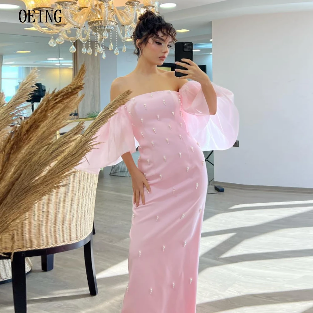 

OEING Baby Pink Formal Occasion Party Dresses Pearls Elegant Off Shoulder Luxurious Gala Dress Satin Dubai Arabic Gown For Prom