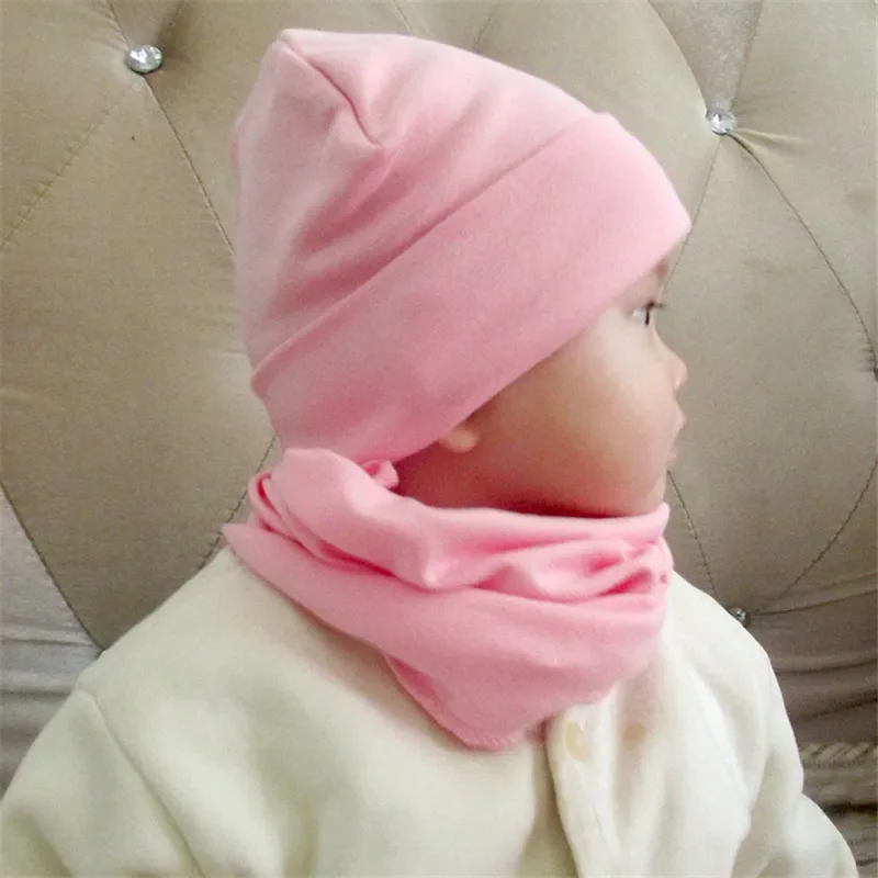 Children Hat Scarf Set 4-12Y Solid Color Cotton Unisex Women Men Hat Scarf Autumn Winter Boys Girls Beanies Cap