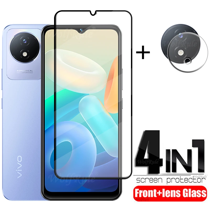 4-in-1 For Vivo Y02 Glass For Vivo Y02 Tempered Glass Phone Film Full Cover Glue HD 9H Screen Protector For Vivo Y02 Lens Glass