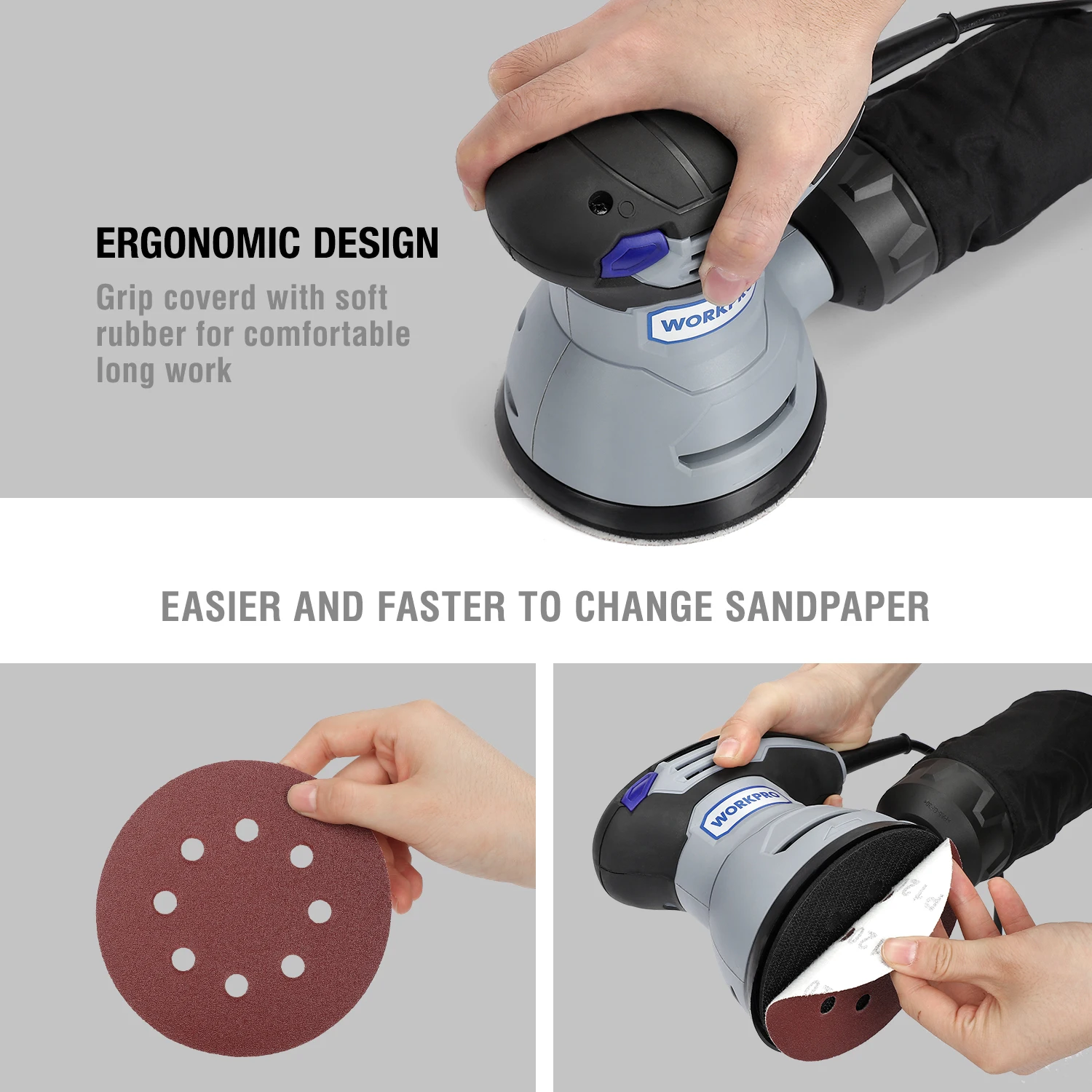 WORKPRO 125MM Electric Palm Sander 300W Power Orbital Car Polishing Finishing Machine Grinder Power Tool with 10PCS Sandpaper
