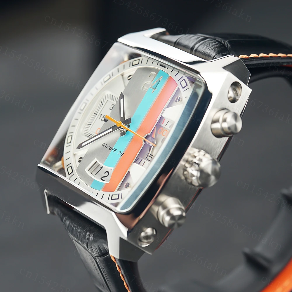 2022Fashion New Men's Color Bar Square Dial Sapphire Mirror Stainless Steel Leather Strap Sports Leisure Waterproof Quartz Watch