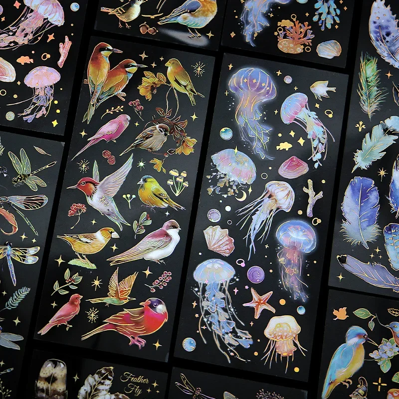 

3 Pcs Dragonfly Bird Feather Jellyfish Stickers DIY Scrapbooking Decorative Label Collage Junk Journal Material Kawaii Sticker