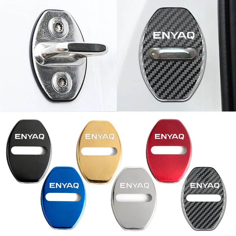 4Pcs Car Door Lock Covers Stickers Styling Per Skoda Enyaq Logo Auto Door Stopper Antiruggine Fibbia Protettiva Accessori Per Custodia
