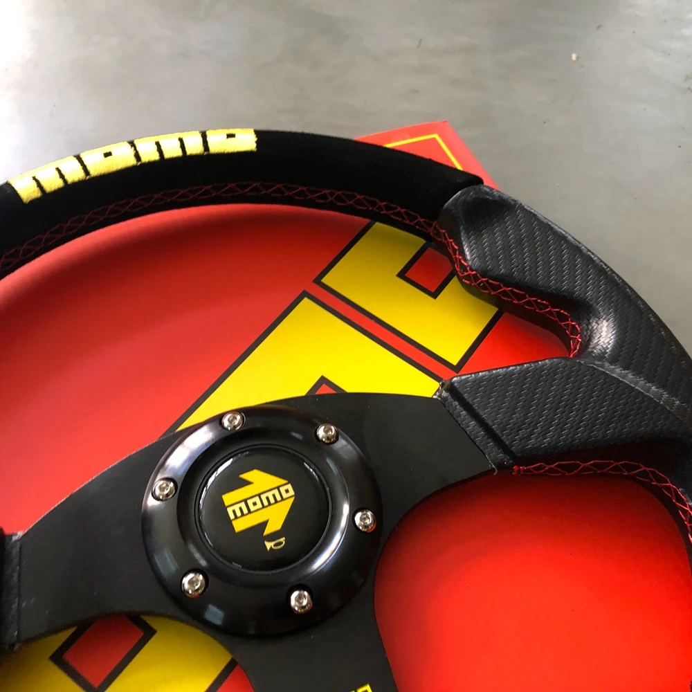 350MM Universal Racing Drift MOMO Steering Wheel Car Carbon Suede Leather JDM Steering Wheel Volantes For VW HONDA TOYOTA BMW