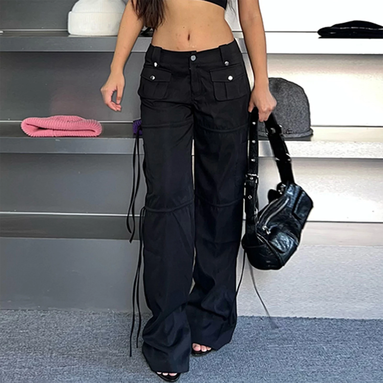

Vintage Cyber Grunge Cargo Pants Strappy Low Waist Trousers Sweatpants Straight Bottoms with Pockets 2000s Retro Y2K Streetwear