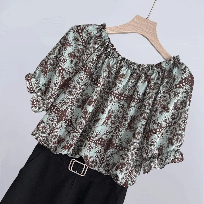 2024 Summer Hot Selling Items Leisure Versatile Loose Fitting One Line Collar Commuting Atmosphere Chiffon Comfort Women's Top