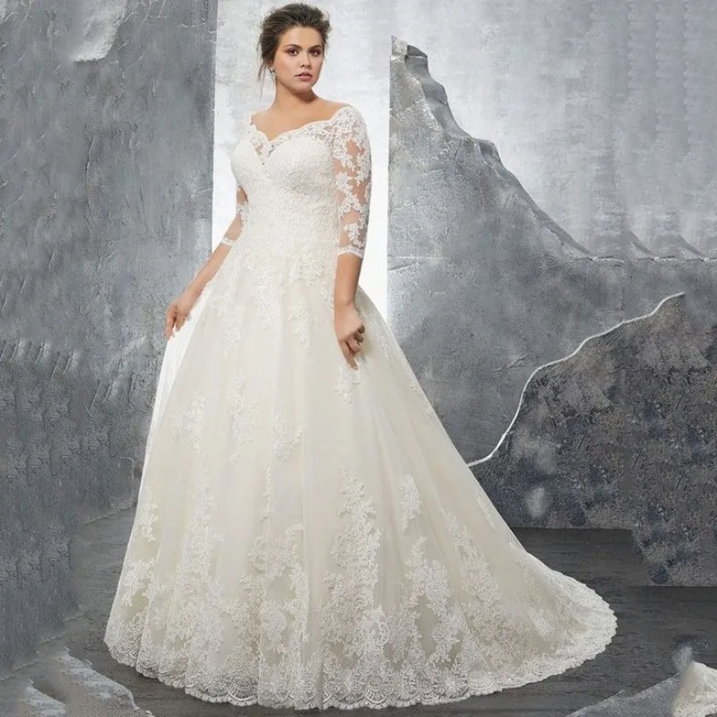 Plus Size Wedding Dress Women Sweetheart A-line Off The Shoulder Half Sleeves Vestido De Novia Elegant Lace Applique Court Train