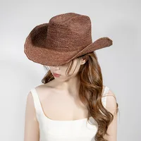 USPOP Hand-crocheted Natural Raffia Straw Cowboy Hat for Women Men Summer Wide Brim Sun Hat Outdoor Breathable Beach Caps