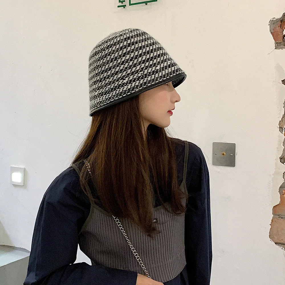 

Wool Leather Rim Bucket Hat Autumn Winter Fisherman Hat Warm Knitting Wool Hat