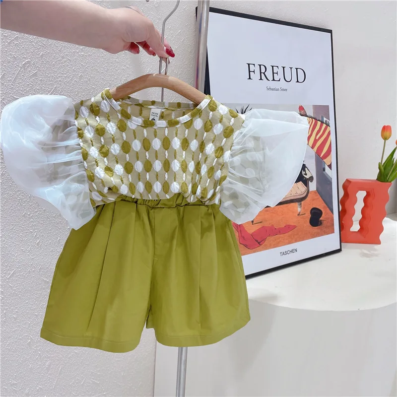 

Girls Clothing Set Korean Style Outfit Kids Puff Sleeve Top + Shorts 2pcs Children's Clothing Set Outfits Kids Clothing 2-7Y