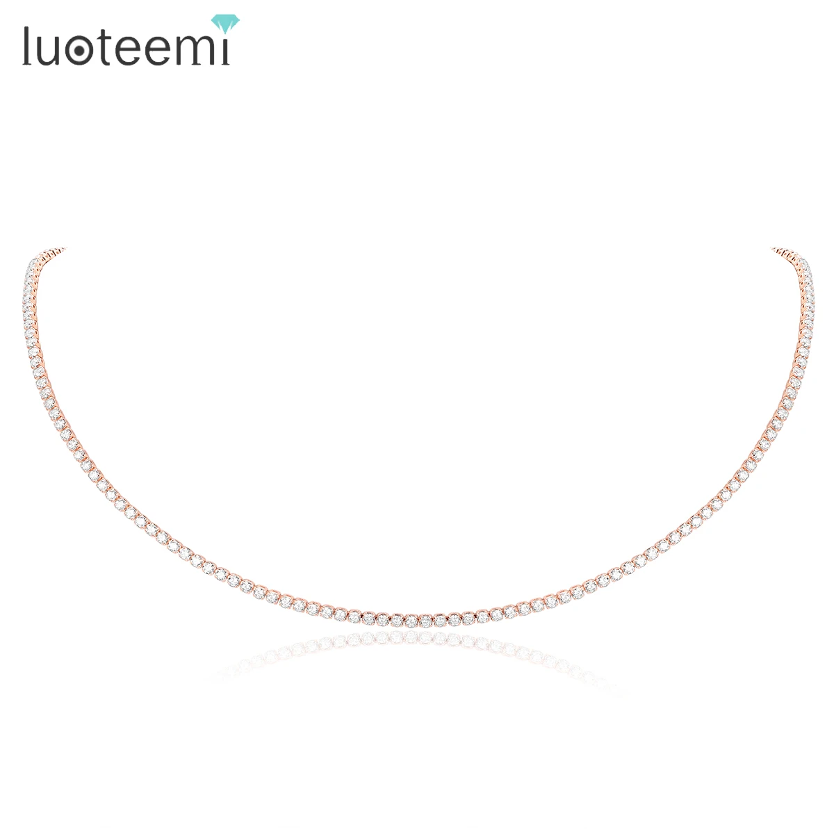 LUOTEEMI Simple 2MM Iced Out Rose Gold Color Tennis CZ Necklace for Women Hip Hop Korean Trendy Accessories Girl Party Jewelry