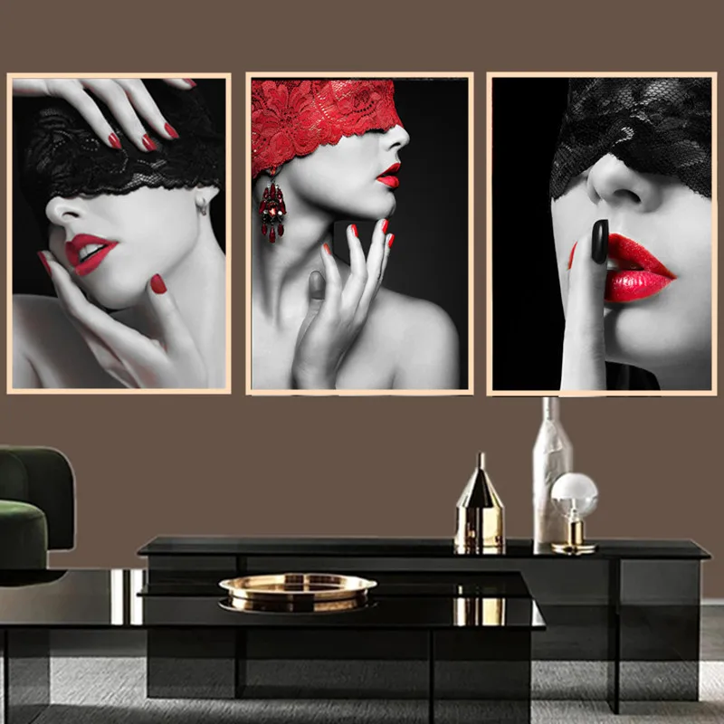 

European Masked Beauty Sexy Red Lips Canvas Painting Modern Style Home Wall Decor Poster Living Room Bedroom Office Decoration