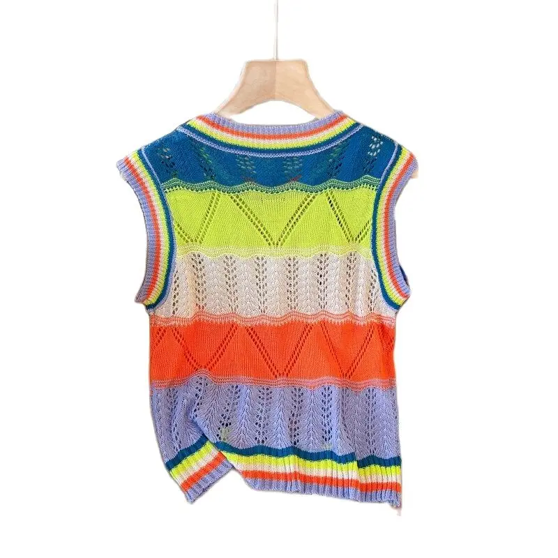 

New Girls Rainbow Striped Tank Tops Round Neck Hollowed Young Lady Top