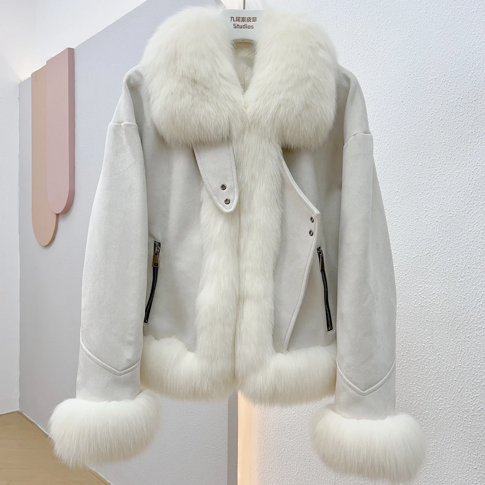 

Новинка 2023, модное зимнее пальто из гусиного пуха с воротником из натурального Лисьего меха, Женская свободная Роскошная куртка-пуховик, одежда