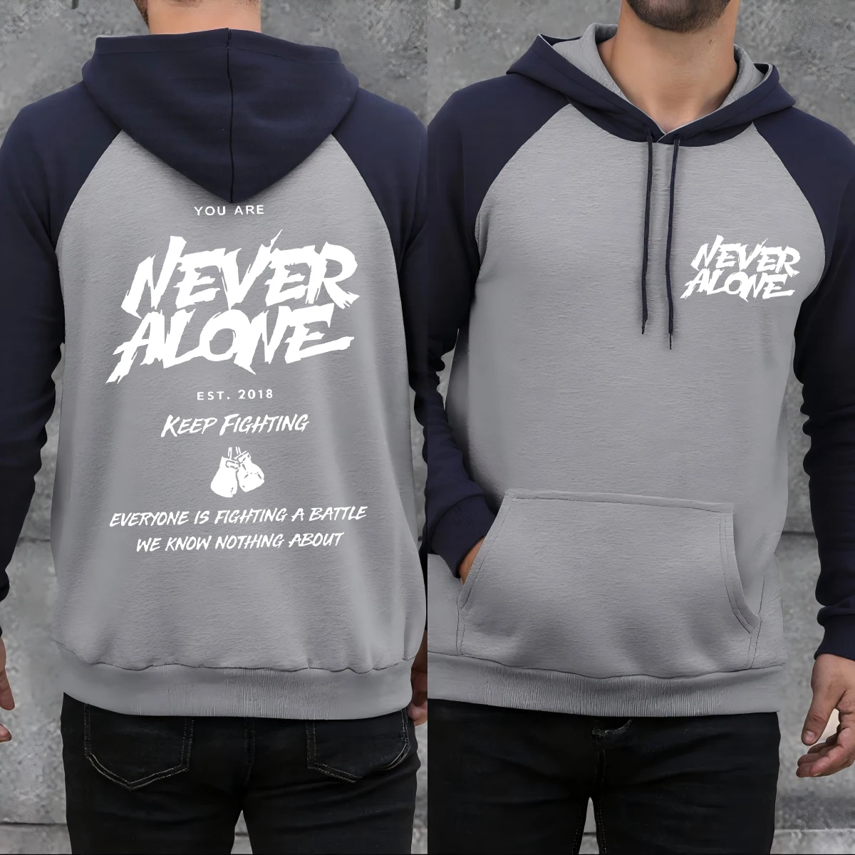 Never Alone Keep Fighting Print Raglan Hoodies Male Autumn Trendy Soft Hoody Fleece Hip Hop Pullover Pocket Loose Clothes