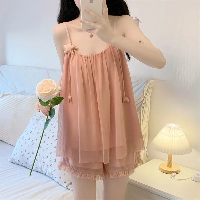 

Pajamas Set Woman 2 Pieces Cute Star Suspenders Sleepwear Summer Pure Desire Wind Mesh Night Dress Home Wear Suit Female