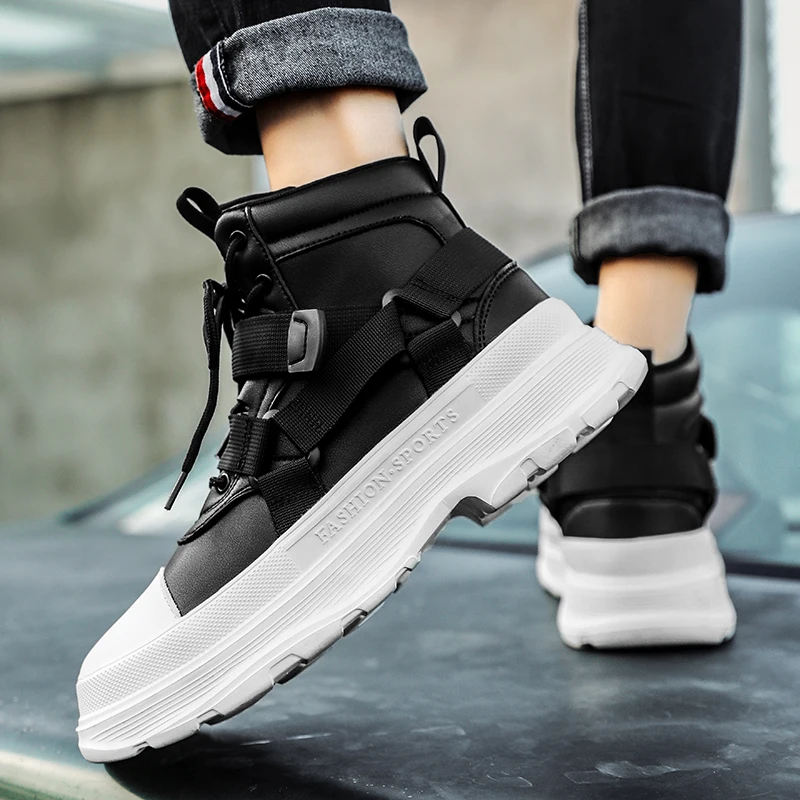 Men Leather Boots High top Fashion Casual Sneakers Thick-soled Chunky Comfort Platform
