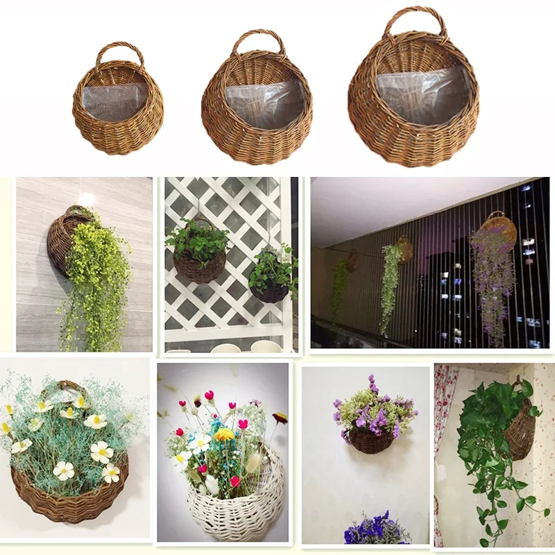 3SizesHandmadeNaturalWickerWallMountedHangingBasketsforPlantPlantingFlowerPot